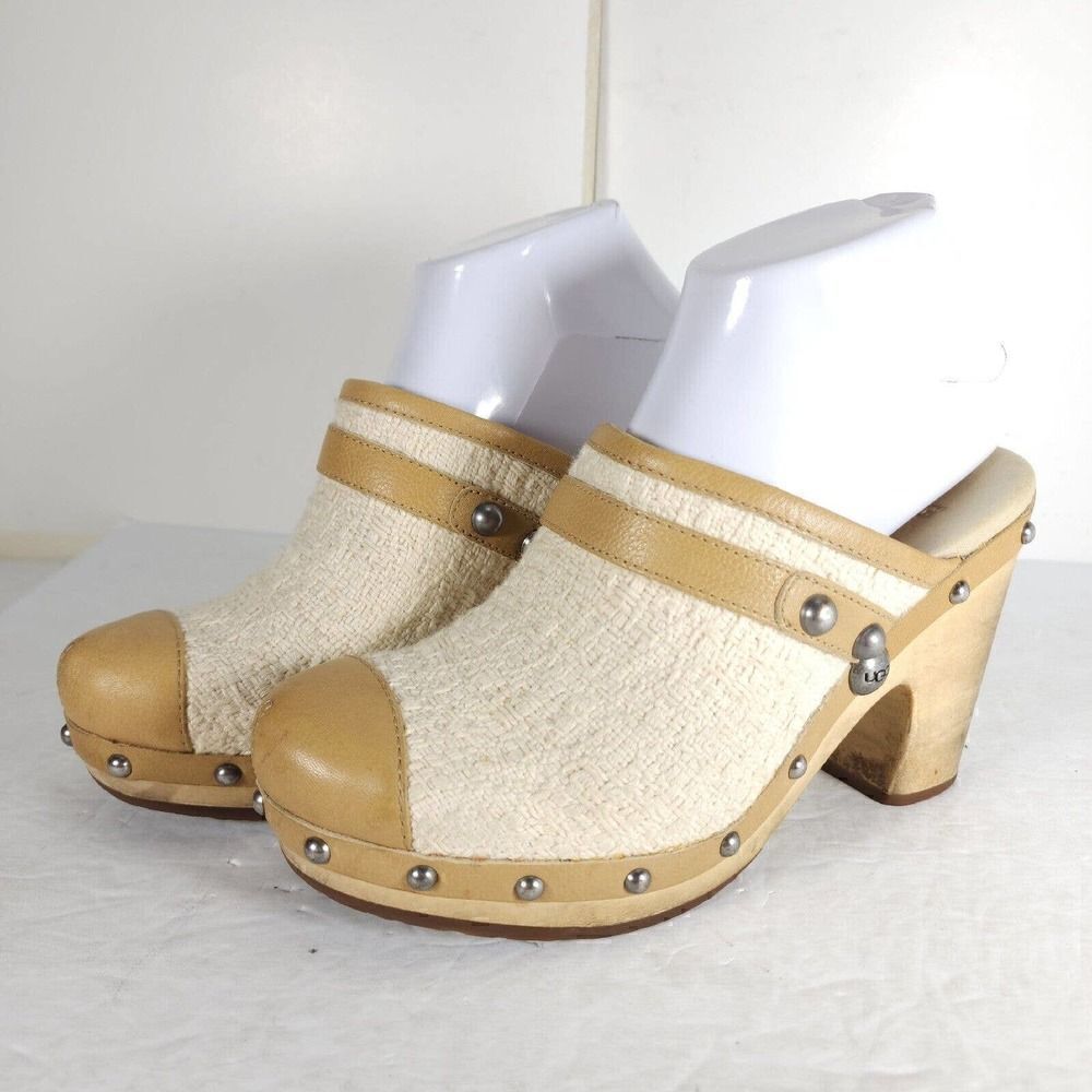 UGG Australia Women's Jolene US 7 Beige Textile Leather Sheepskin Mules Shoes